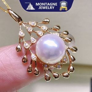 Montagne Jewelry 18k Pure White Gold Pendant Pine Cone Design Fine Jewellery Natural 8-9mm Pearl Pendant Necklace