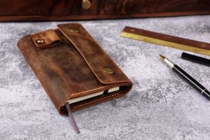 Vintage distressed leather cover wallet for 3.5"x5.5" pocket size notebook journal Moleskine leather cover with pen loop MP05SFP