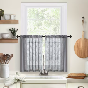 BEITE 2PCS Light Filtering Linen Textured Kitchen Short Curtain Through-shaft Type Solid Color Gauze Tulle Kitchen Curtain Household Semi Transparent Short Sheer Curtains Bathroom