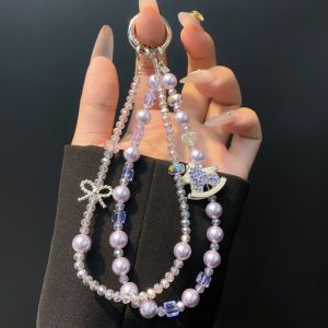 Ins Style Rhinestone Bowknot Double Pearl Crystal Phone Charm Multifunctional Luxury Car Hanging Decor Chain