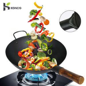 Konco 36Cm Chảo Sắt Trung Quốc Vòng Dưới Nồi Cho bếp ga Khuấy chảo rán Trưởng nồi nấu ăn có tay cầm gỗ Nhà Hàng Chảo