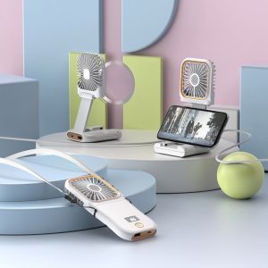 LMS70 Digital Display Portable Handheld Fan USB Rechargeable Mini Foldable Neck Fan Lightweight 3 Speeds Air Cooling Fan Outdoor Use