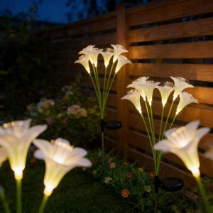 MIRELAE 6 Heads Lily Flower Stake Lights Waterproof Fiber Optic LED Pathway Patio Yard Light  Solar Powered Lawn Lamp Outdoor Garden Decor