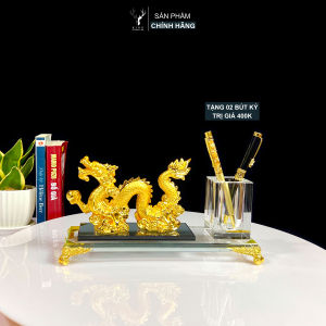 Hộp Đựng Bút Doanh Nhân Rồng Nhả Ngọc Chất Liệu Đồng Mạ Vàng và Pha Lê K9 Quà Lưu Niệm Hộp Bút Để bàn