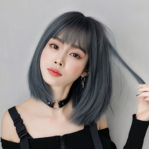 【Available】36CM Japanese-style Women Human Hair True Hair Medium Length Wigs with Bangs Air Bangs Bobo Headgear Fashion Shoulder-length Bangs Wig Headgear Short Hair