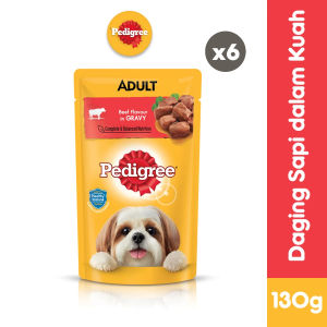 PEDIGREE Makanan Anjing Basah Dewasa Pouch Rasa Daging Sapi dalam Kuah 130g (6-Pack)