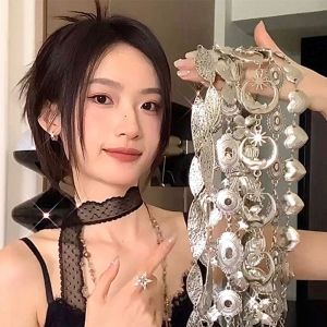 AXW9994 Flower Alloy Waist Chain Moon Vintage Butterfly Waistband Retro Silver Heart Belt Streetwear