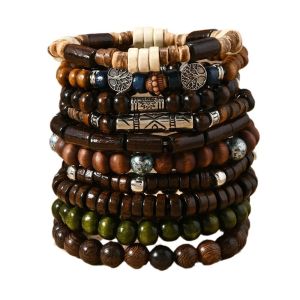 New cross-border product: European and American retro-style tree of life coconut shell multi-layer elastic cord wooden bead handmade bracelet 10 Bracelet set