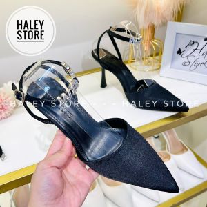 Giày bít wang HALEY STORE cao gót 9cm bít mũi nhọn da lụa khóa cài đính chữ gót nhọn tiểu thư công chúa đi tiệc đi chơi
