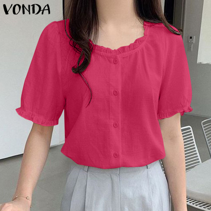 Vonda Womens Casual Crew Neck Short Sleeved Ruffled Edge Solid Blouse