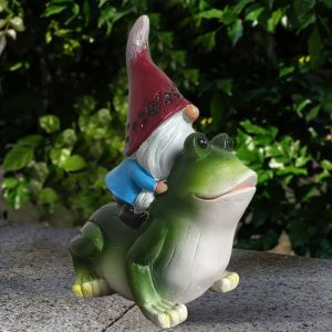 HUANG Cartoon Gnome Riding Frog Statue Resin Crafts Funny Garden Gnomes Figurine Creative Handmade Dwarf Sculpture For Gardens Courtyards