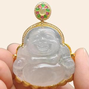 Premium Icy Translucent Natural Type A Jadeite Jade crafted as Milo Buddha set on 18k gold with diamonds as Pendant certificate weighs 26.07 grams measurement 38.8 * 40 * 7.2 mm (18kp41)