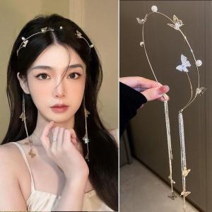 Korean Women Pearl Diamond Hair Band Butterfly Tassel Hairbands Fairy Beauty Hair Hoop Earrings