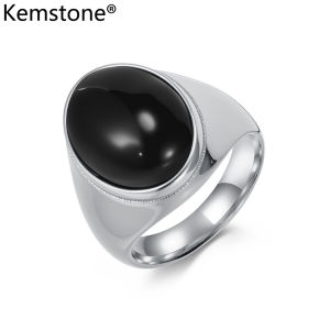 Kemstone nam đá quý hình oval nhẫn thép Titan thời trang con hổ trang sức đá đen mắt
