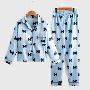 Autumn New Childrens Pajama Set Imitation Silk Bow Printed Two-piece Pajamas Girls Solid Color Casual Long Sleeves Home Clothes2026
