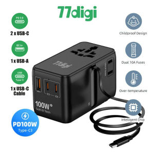 77digi 100W Travel Adapter with Cable 3 Type-C + 2 USB Fast Charging International Word Adaptor Worldwide Universal Travel Plug Adapter WWA100C