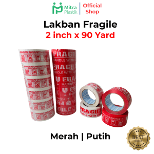 Lakban Fragile Jangan Dibanting 2 inch x 90 yard OPP Tape Awas Pecah Putih Merah 48 mm Gand