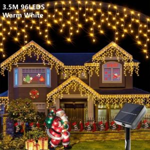 Purrhappy Solar Led Icicle Curtain String Light Waterproof Auto On Off Warm White Lampu Hias Raya Rumah