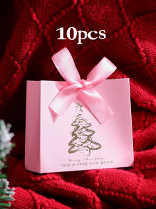 10pcs Elegant Christmas Tree Mini Gift Boxes Festive Favor Bags With Satin Ribbons Perfect For Treats Chocolates And Small Gifts!