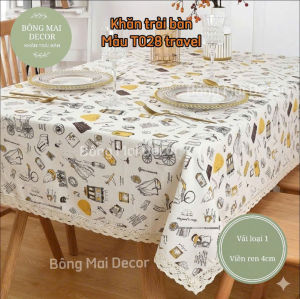 Khăn trải bàn vải canvas VIỀN REN họa tiết nhí phong cách Nhật Bản nhẹ nhàng vintage
