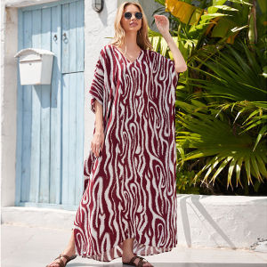 2025 Tóm tắt pringting Bikini che up phụ nữ quá khổ chia Áo kaftan phong cách boho ngắn tay Đầm maxi Bộ Đồ Tắm