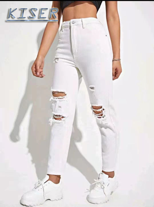 High Waist White Jeans Ripped Pants Skinng Jeans Tattered Jeans