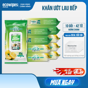 Combo 10 gói khăn giấy ướt lau bếp cao cấp Ecowipes gói 42 tờ size cực lớn 20x30cm hương chanh khử mùi kháng khuẩn