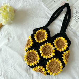 Túi nữ đeo vai hướng dương ba chiều dệt tay Phong cách mùa hè túi vải dệt Túi xách hoa đa năng và dễ thương