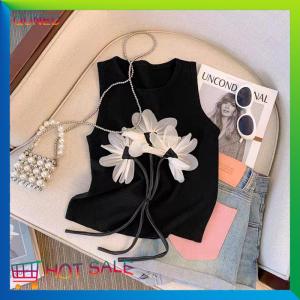 QUNED Summer Fashion Chic Flower Knitted Vest Women Round Neck Sleeveless Striped Tank Top