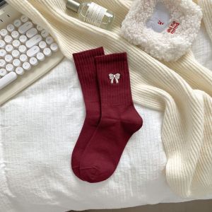 Socks Womens Color Clash Burgundy Long Socks Mid Calf Striped Bow Socks