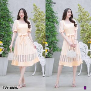 TW18896 เดรสคอเหลี่ยมแขนตุ๊กตา แต่งผ้าซีทรู ..