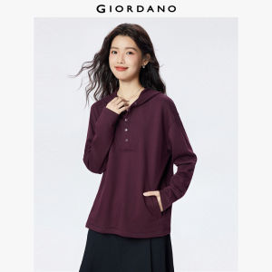GIORDANO Women Hoodies Snap Buttons Half Placket Hoodies Slant Pockets Solid Color Simple Fashion Casual Loose Hoodies 05325801