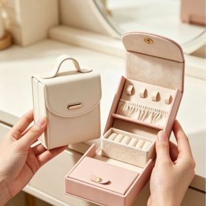 TWCEJE168 PU Hộp đựng đồ trang sức Màu sắc thuần khiết có tay cầm Hộp đựng dây chuyền Sang trọng nhẹ nhàng Dung lượng lớn Hộp đựng trang sức Dành cho gia đình