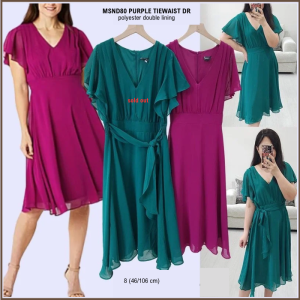 Dress Midi Wanita Murah Lengan Pendek (MSND80 Purple Tiewaist Dr)