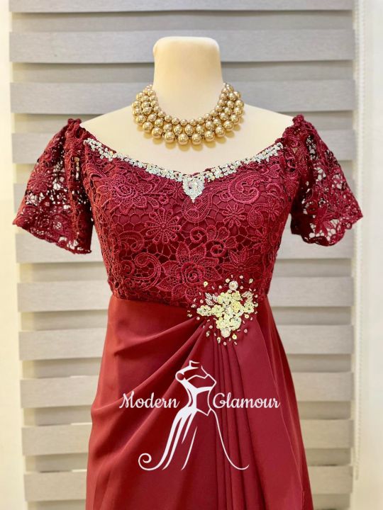 MAROON SIDE SWAG BROOCH DESIGN FORMAL DRESS for Mother of the Bride ...