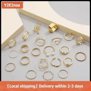 【Local shipping】 22pcs Set Vintage Hollow Heart Butterfly Rings Set For Women Metal Silver Color Geometric Spiral Shape Ring rendy Jewelry