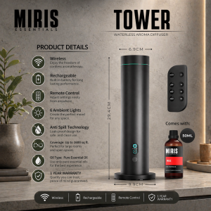 MIRIS ESSENTIALS - TOWER Ring Lights Home Nebulizer | Waterless Aroma Diffuser | Wireless | Battery Rechargeable | Remote Control | Pure Essential Oils | Aromatherapy Perfume. MBS Hotel Mall Perfume Aromatherapy