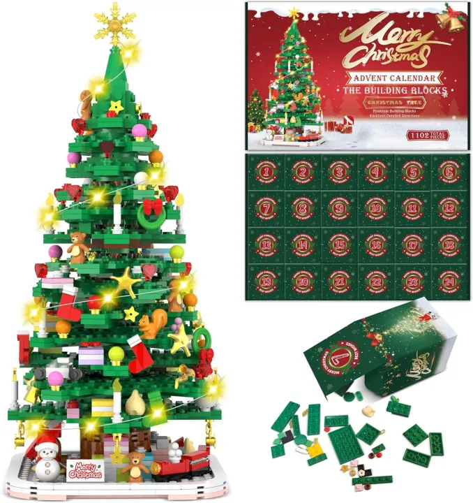 Advent Calendar 2025 Christmas Tree Building Toy Set with LED light ...