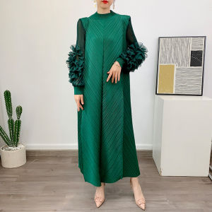 KESHANGYI Advanced Sense Maxi Pleated Dress Round Neck Embroidery Spliced Full Sleeve Dresses 2023 New Clothing Womens Fashion