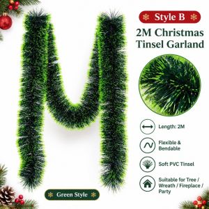 SG Ready Stock 2M Green Tinsel Ribbon Garland Xmas Tree Hanging Ornament Pendant Christmas Wreath Party Decor Supplies