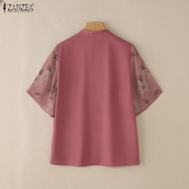ZANZEA%20Korean%20Style%20Women%20Stylish%20Stand%20Collar%20Short%20Sleeve%20Blouses%20Floral%20Print%20Patchwork%20Daily%20Top%20#1201%20-%20Image%206