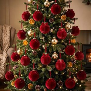 OOG Ribbon Bowknot Velvet Bow Baubles Assorted Colors Striped Texture Hanging Bowknot Balls Creative Holiday Kit Secure Hanger Flocked Tree Pendant Tree Decoration