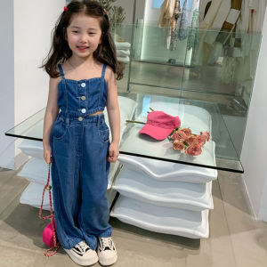 Bộ Quần Denim Ống Rộng Cho Trẻ Em Áo Crop Top + Quần Bò Quần Áo Mùa Hè Cho Trẻ Em Bộ Hai Món Hàn Quốc Cho Bé Gái