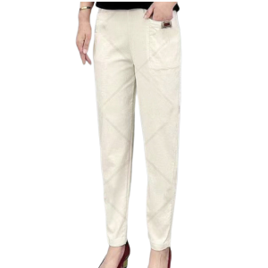 Womens Elastic Waist Cotton Pants Slim-fit Loose Casual Color Straight Trousers Middleaged Elderly Womens Waist Casual Pants