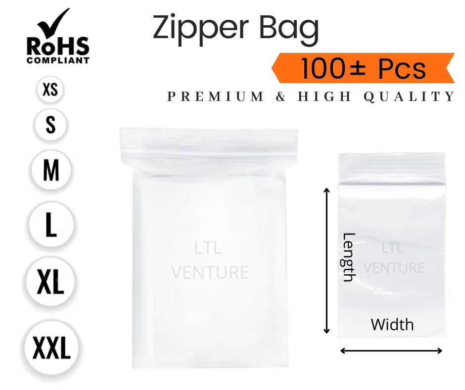 📢100Pcs Small Medium Large Zipper Bag LDPE Ziplock Bag Flat Clear
