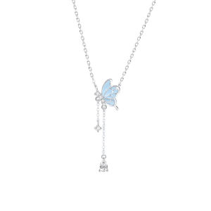 925 Silver Elegant Sparkling Zircon Tassel Earrings Blue Luminous Butterfly Necklace Womens Jewelry 2-piece Set