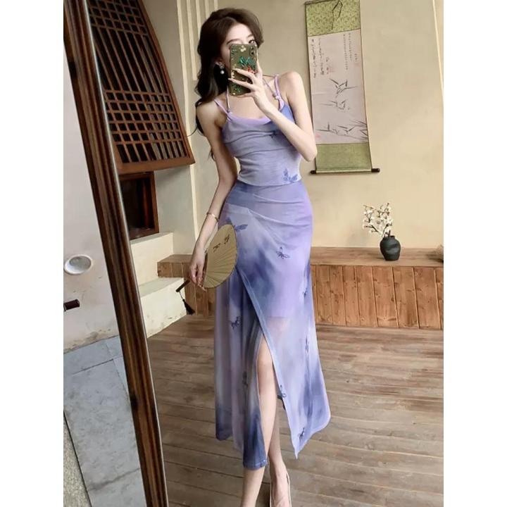 korean purple beach dress for women casual Summer plus size xxl long sexy  floral ruffle dress formal party night dress for women | Lazada