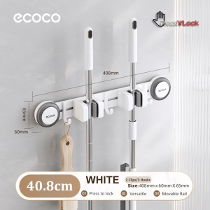 Ecoco Suction Cup Mop Holder Aluminum Adjustable Wall Mop Broom Hanger with Sliding Hook
