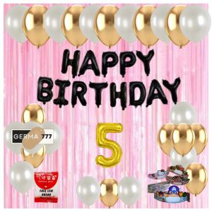 Paket Set Dekorasi Pesta Ulang Tahun Anak Banner Foil Huruf Happy Birthday Hitam Balon Putih Gold