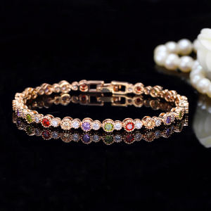 SEQUITO High Quality Yellow Gold Plating Tennis Bracelet Bangle Paved Multicolor Cubic Zirconia Trendy Jewelry for Women B109